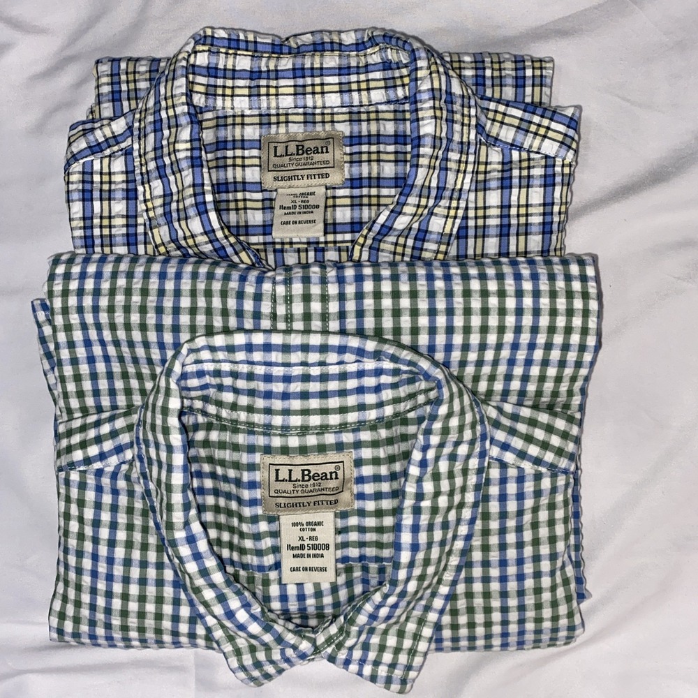 LL Bean Seersucker Plaid (Green, Blue) Organic XL Shirt (Bundle 2) - Picture 1 of 13